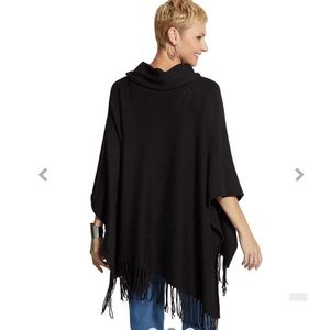 ELIE TAHARI 100% Cashmere Black Ribbed Turtleneck Poncho Fringe Sweater S/M